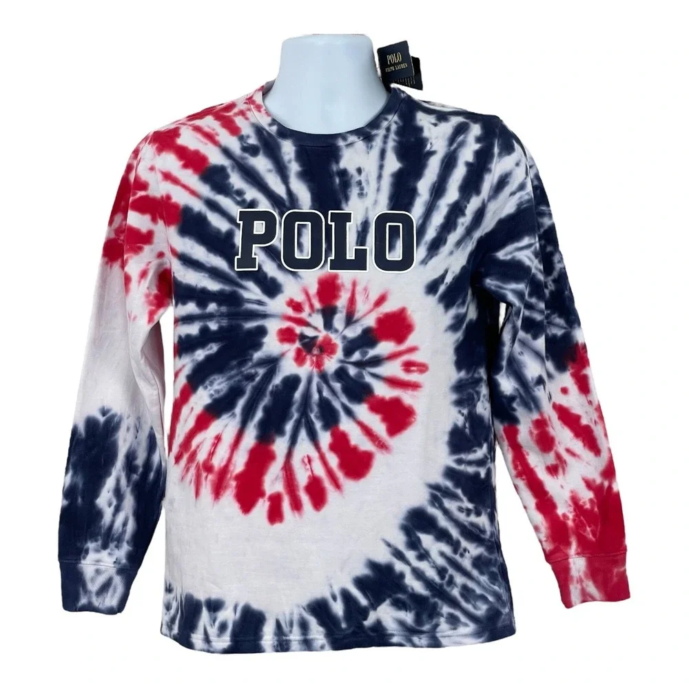NEW Polo Ralph Lauren YOUTH L 14-16 Tie‎ Dye Sweatshirt Red White Blue NWT $65